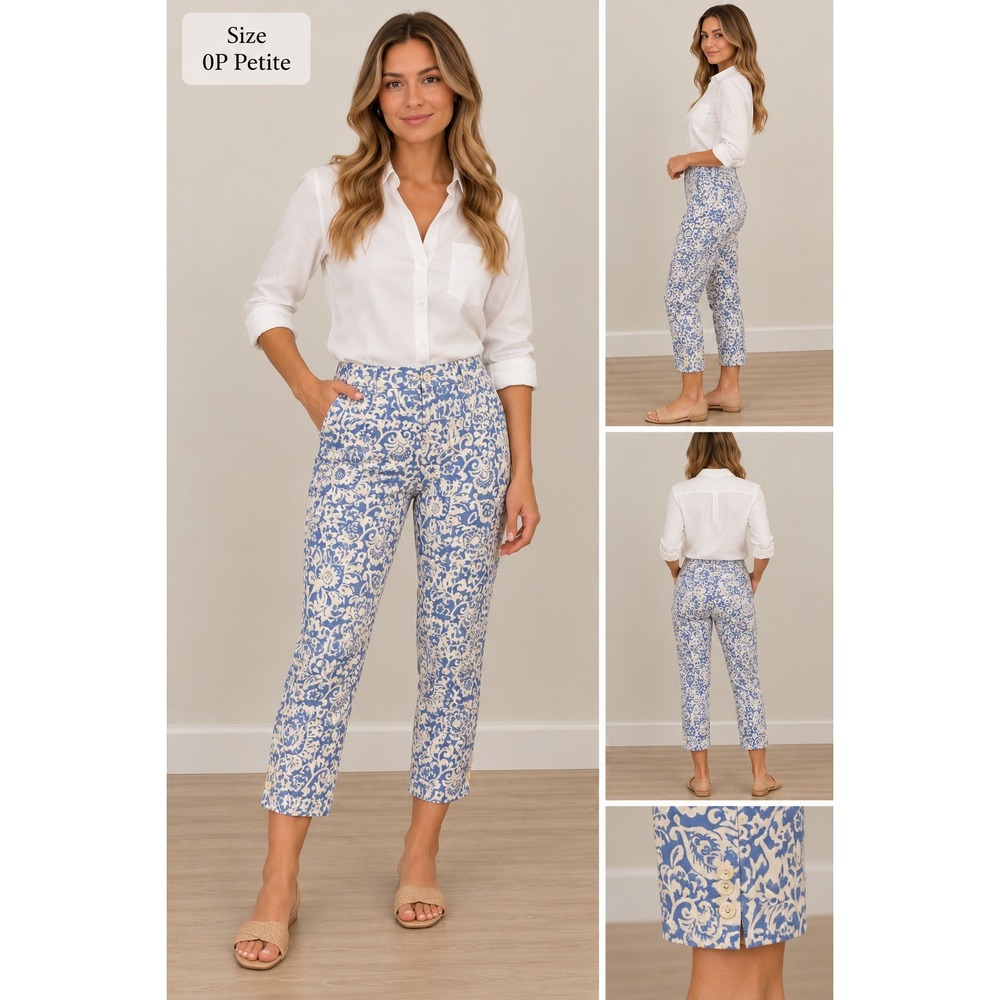 Talbots The Perfect Skimmer Blue White Floral Damask Ankle Pants Petite 0P